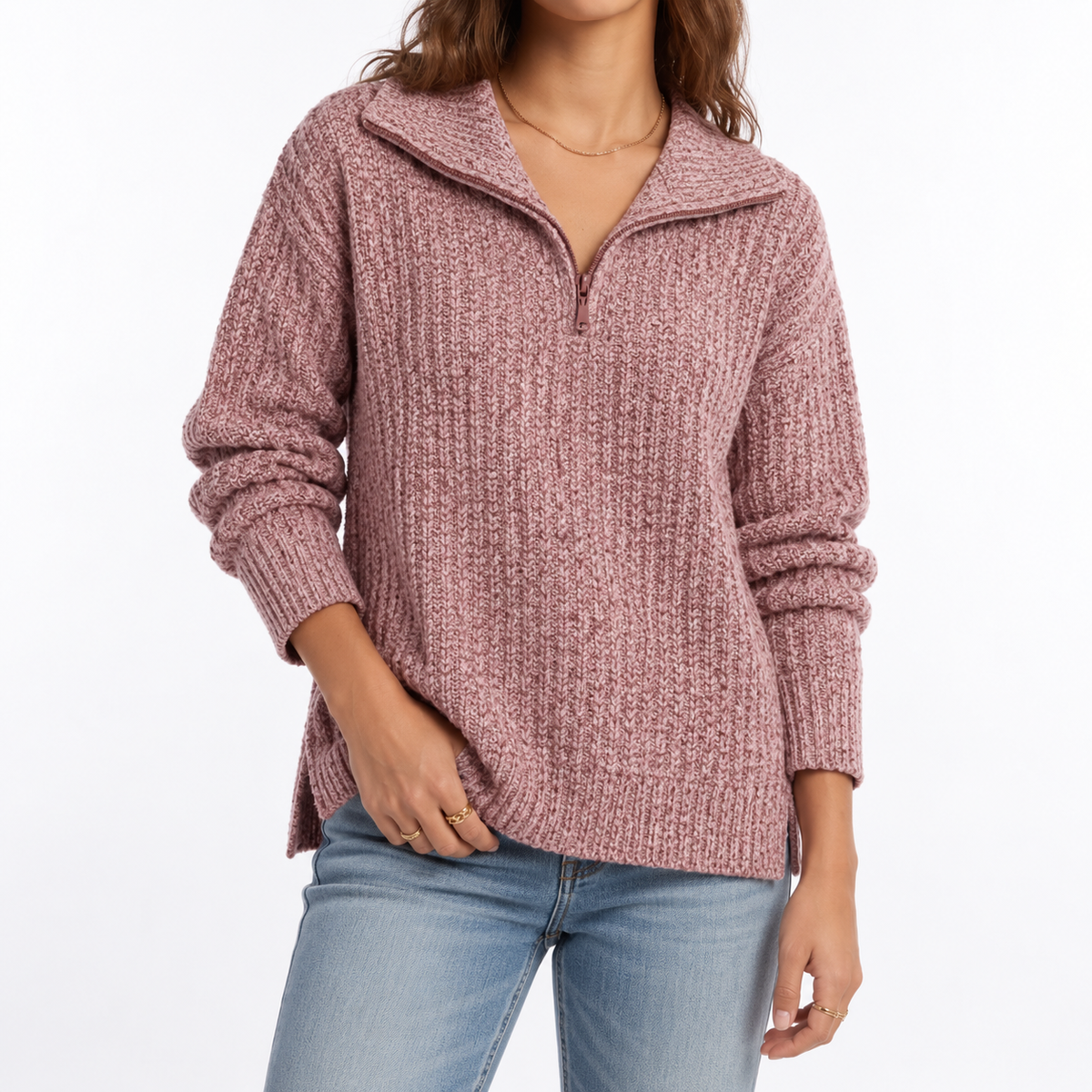 Women's Textured Knit Quarter-Zip Collared Split Hem Winter Jumper