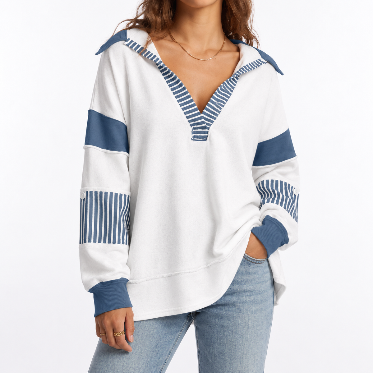 Women's Oversized Collared V-Neck Striped Sleeve Autumn Sweatshirt