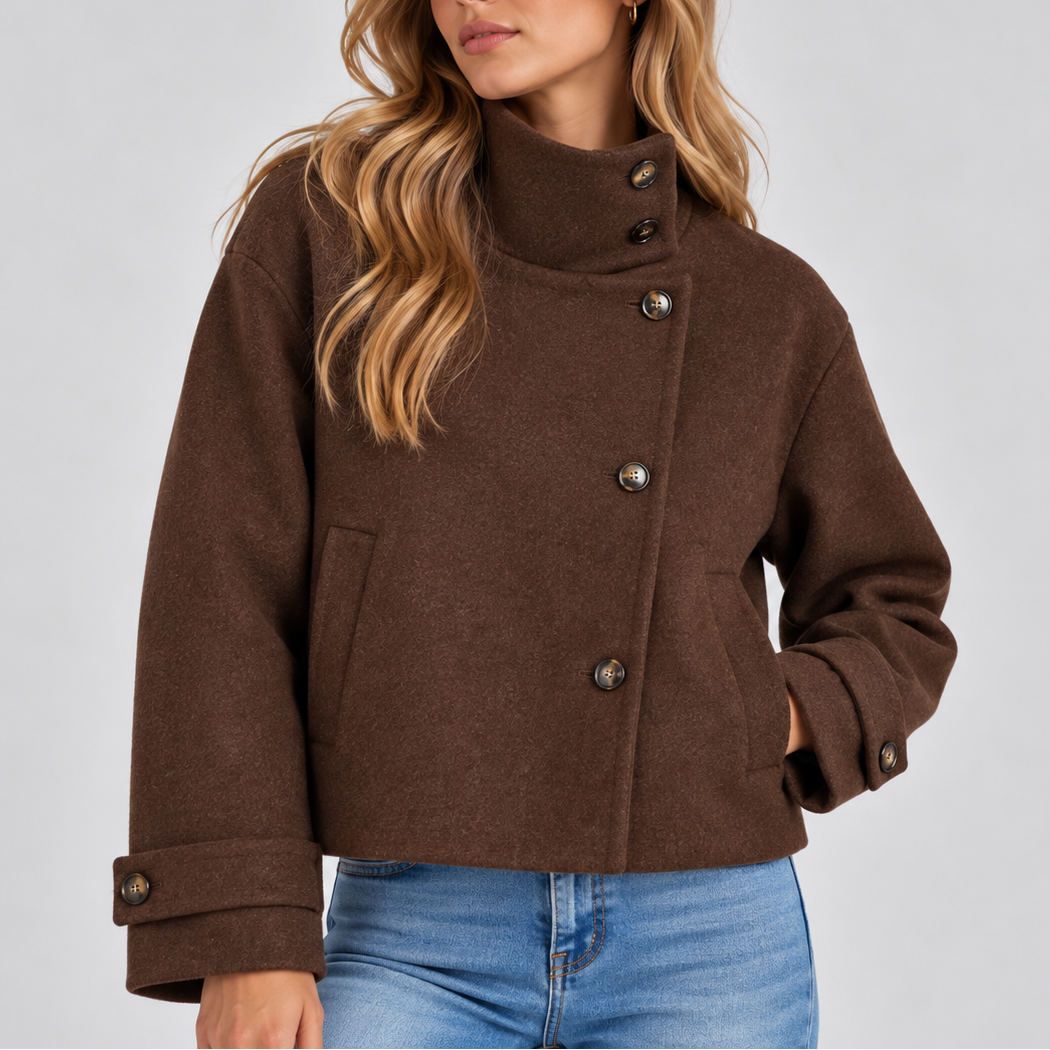 Women's High-Neck Cropped Wool-Look Asymmetric Button Winter Jacket