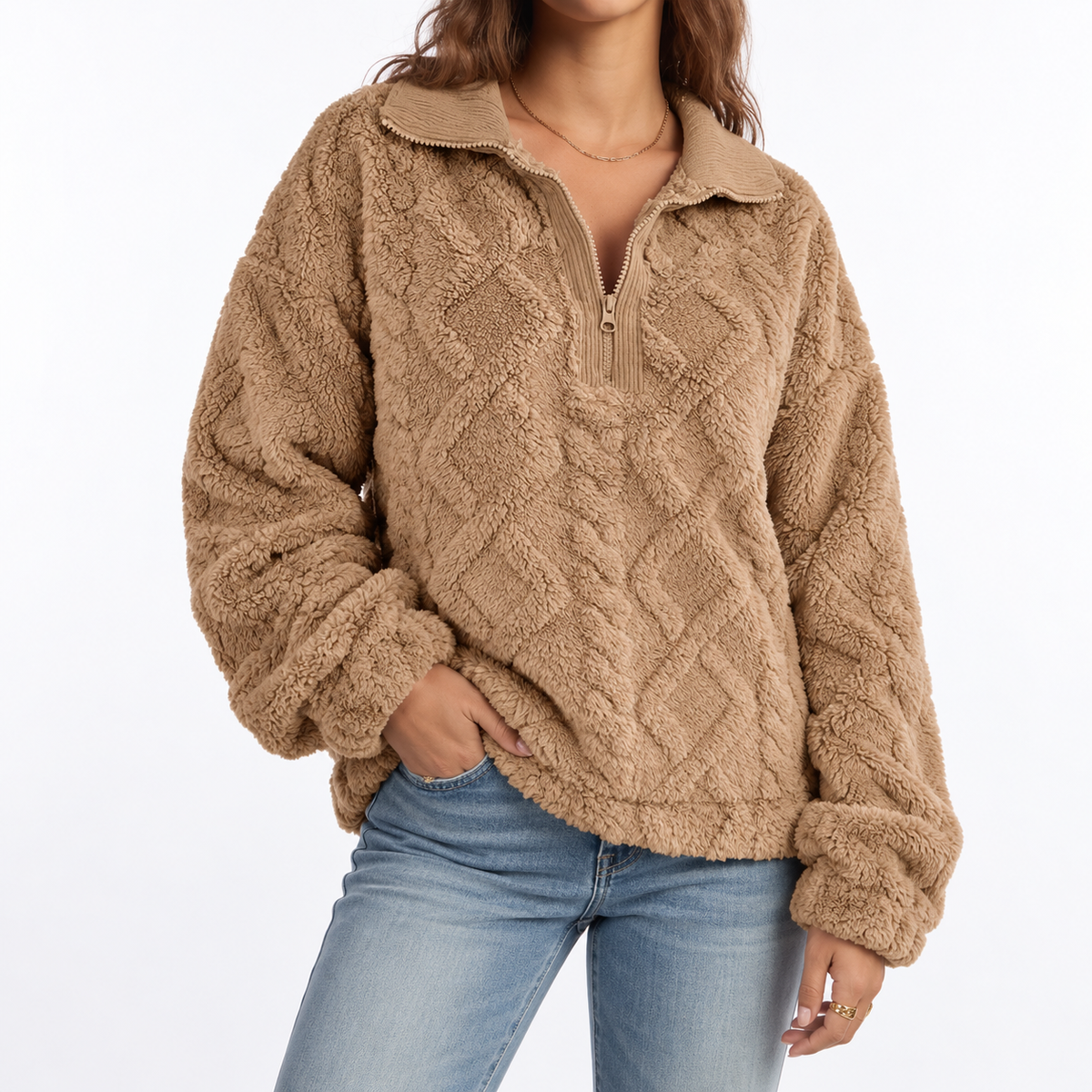 Women's Textured Cable Fleece Quarter-Zip Relaxed Fit Winter Pullover
