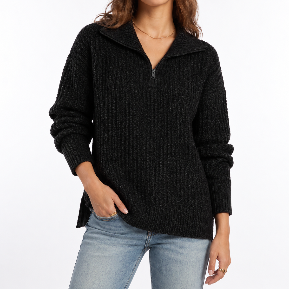 Women's Textured Knit Quarter-Zip Collared Split Hem Winter Jumper