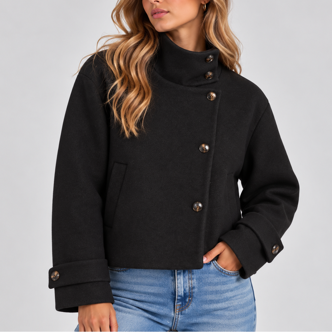 Women's High-Neck Cropped Wool-Look Asymmetric Button Winter Jacket