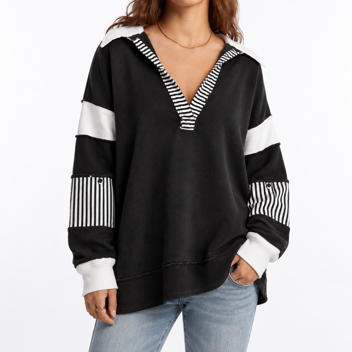 Women's Oversized Collared V-Neck Striped Sleeve Autumn Sweatshirt