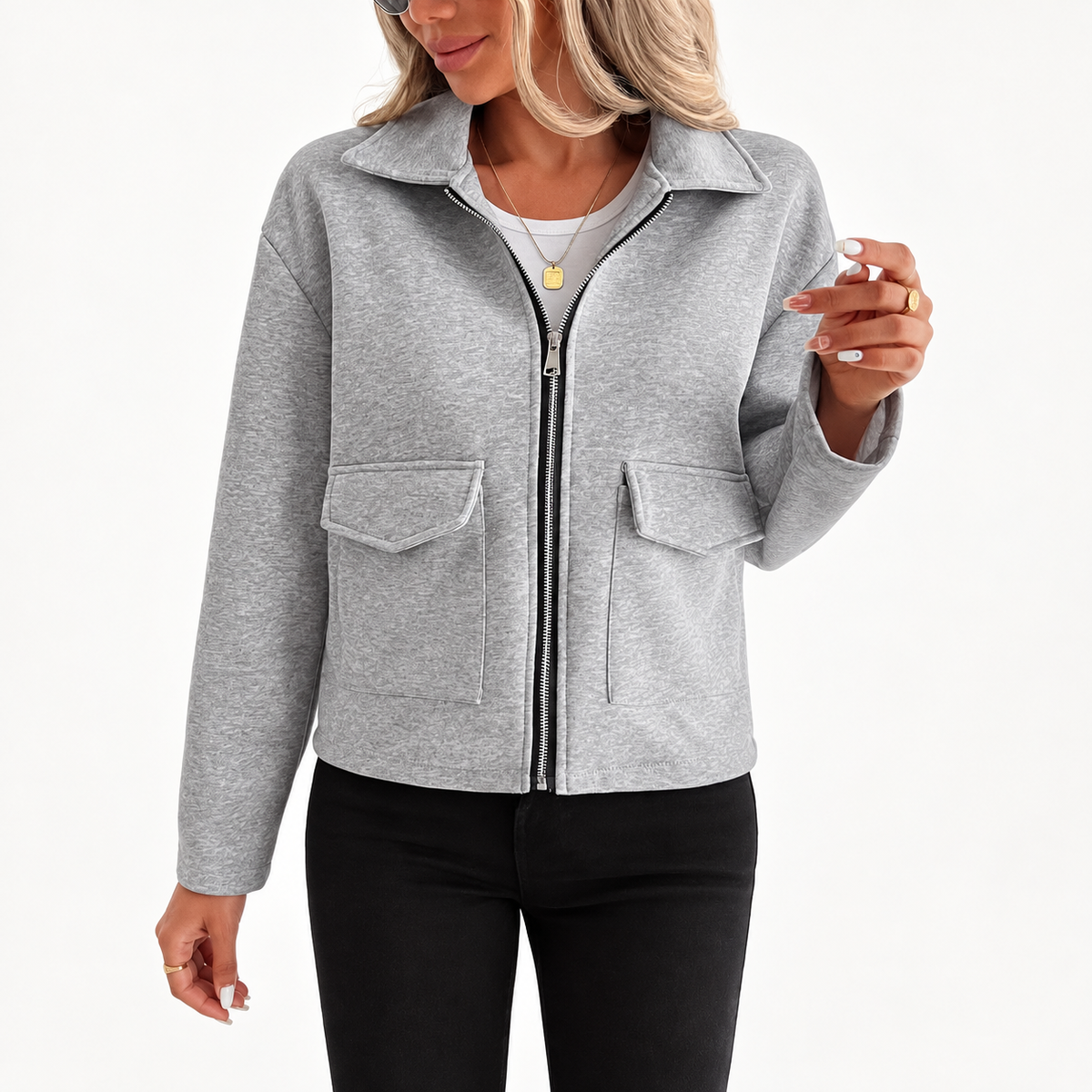 Women's Zip-Up Utility Long-Sleeve Flap Pocket Autumn Overshirt