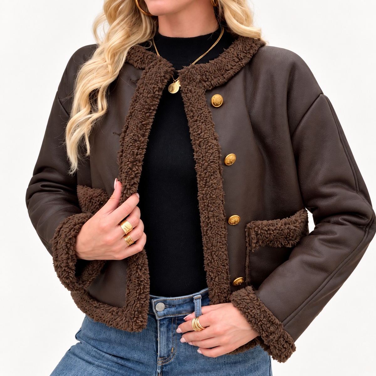 Women's Cropped Faux Leather Teddy Trim Flap Pocket Winter Jacket
