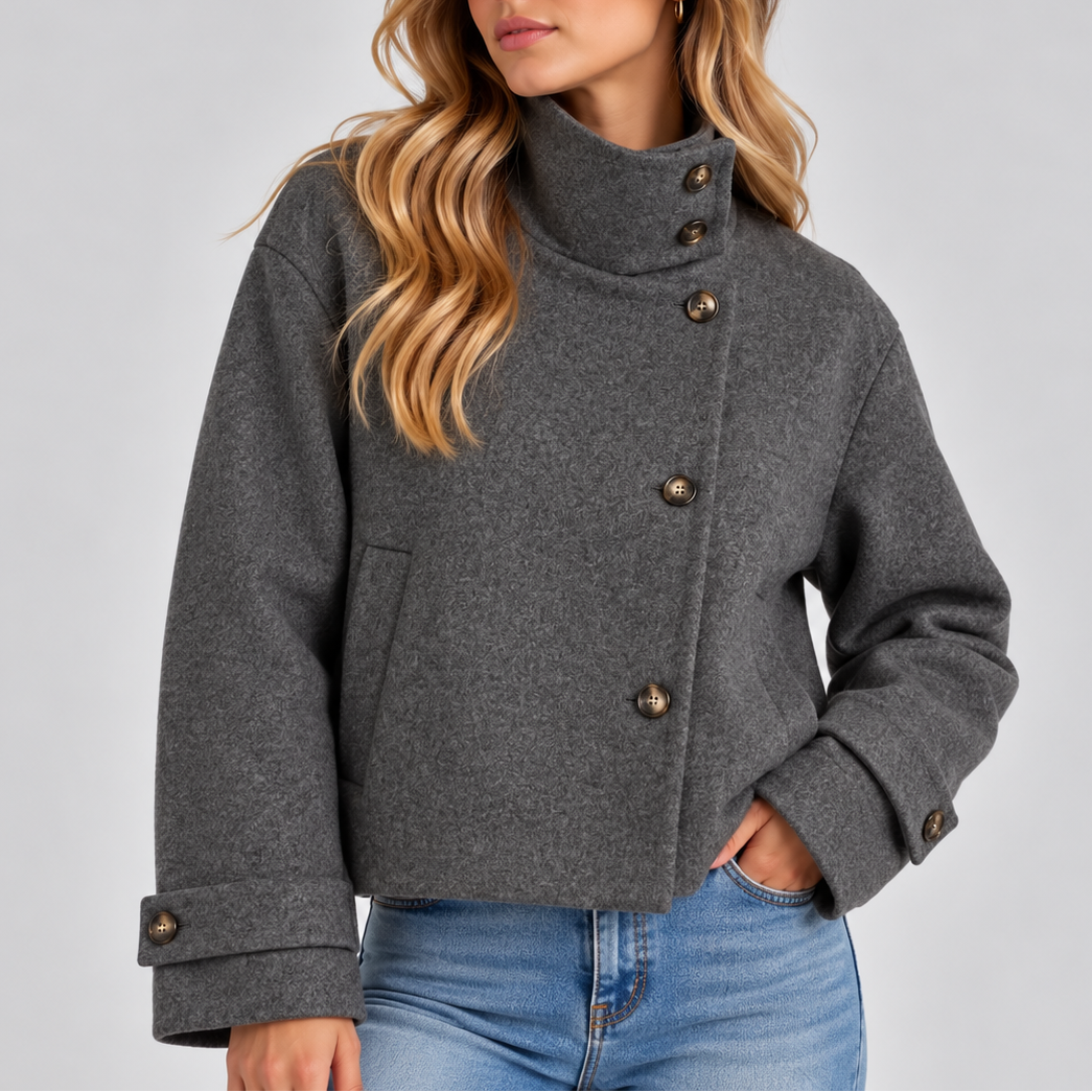 Women's High-Neck Cropped Wool-Look Asymmetric Button Winter Jacket