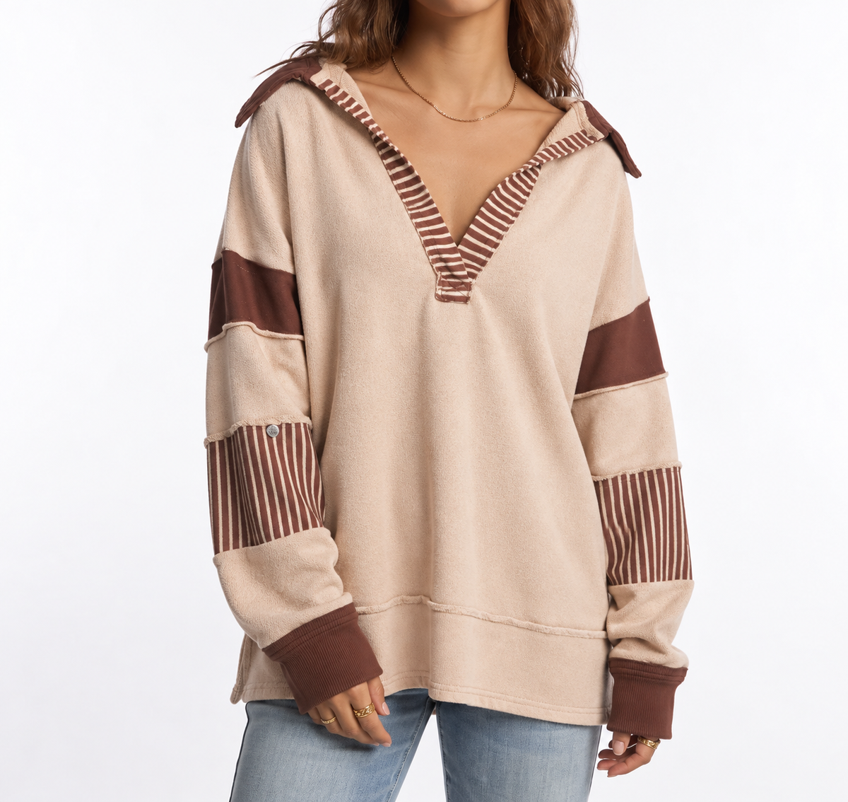Women's Oversized Collared V-Neck Striped Sleeve Autumn Sweatshirt
