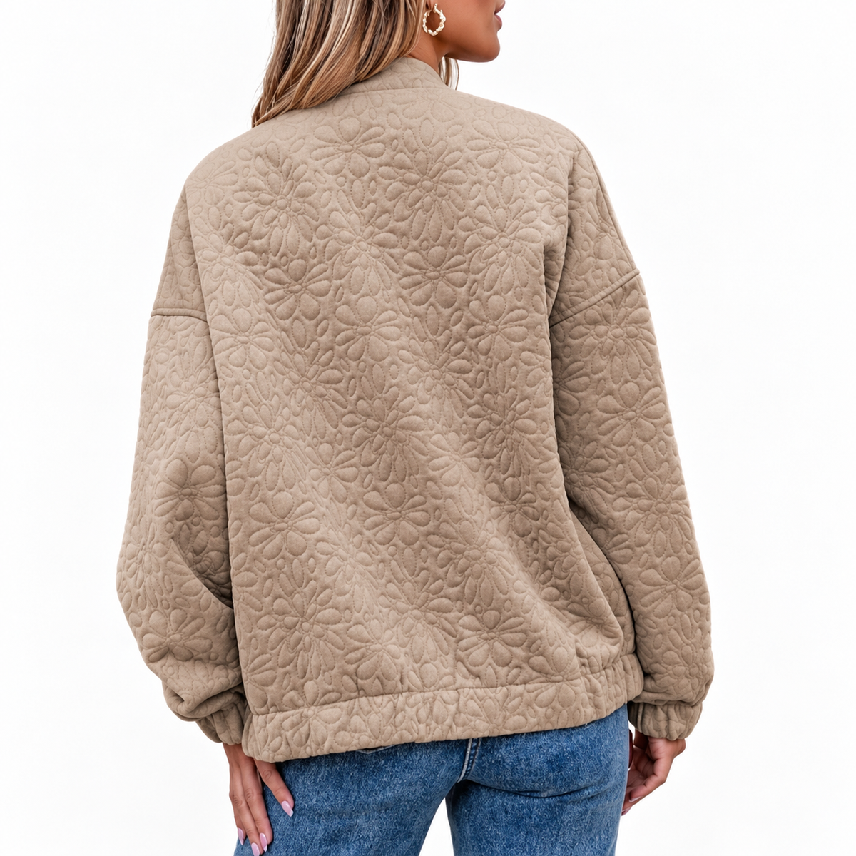 Women's Floral Quilted Round-Neck Zip-Up Patch Pocket Autumn Jacket