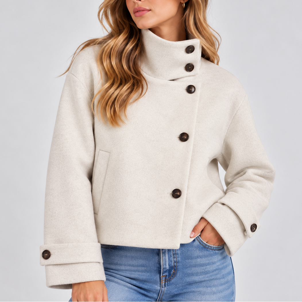 Women's High-Neck Cropped Wool-Look Asymmetric Button Winter Jacket