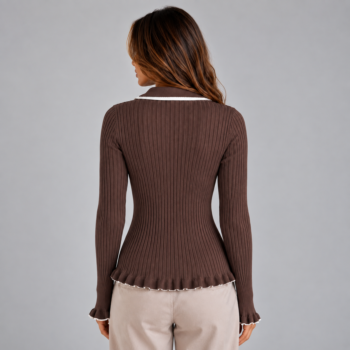 Women's Ribbed Knit Contrast Collar Ruffle Cuff Long-Sleeve Top