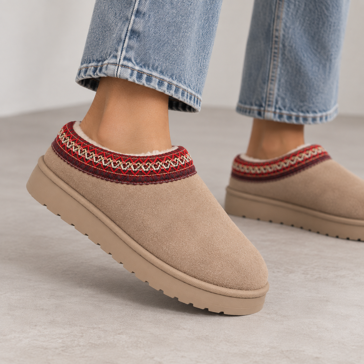 Women's Faux Suede Faux Fur Lined Woven Trim Slip-On Winter Clogs
