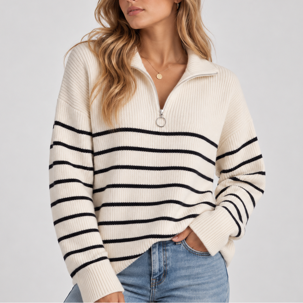 Women's Striped Quarter-Zip Ribbed Knit Relaxed Fit Autumn Jumper