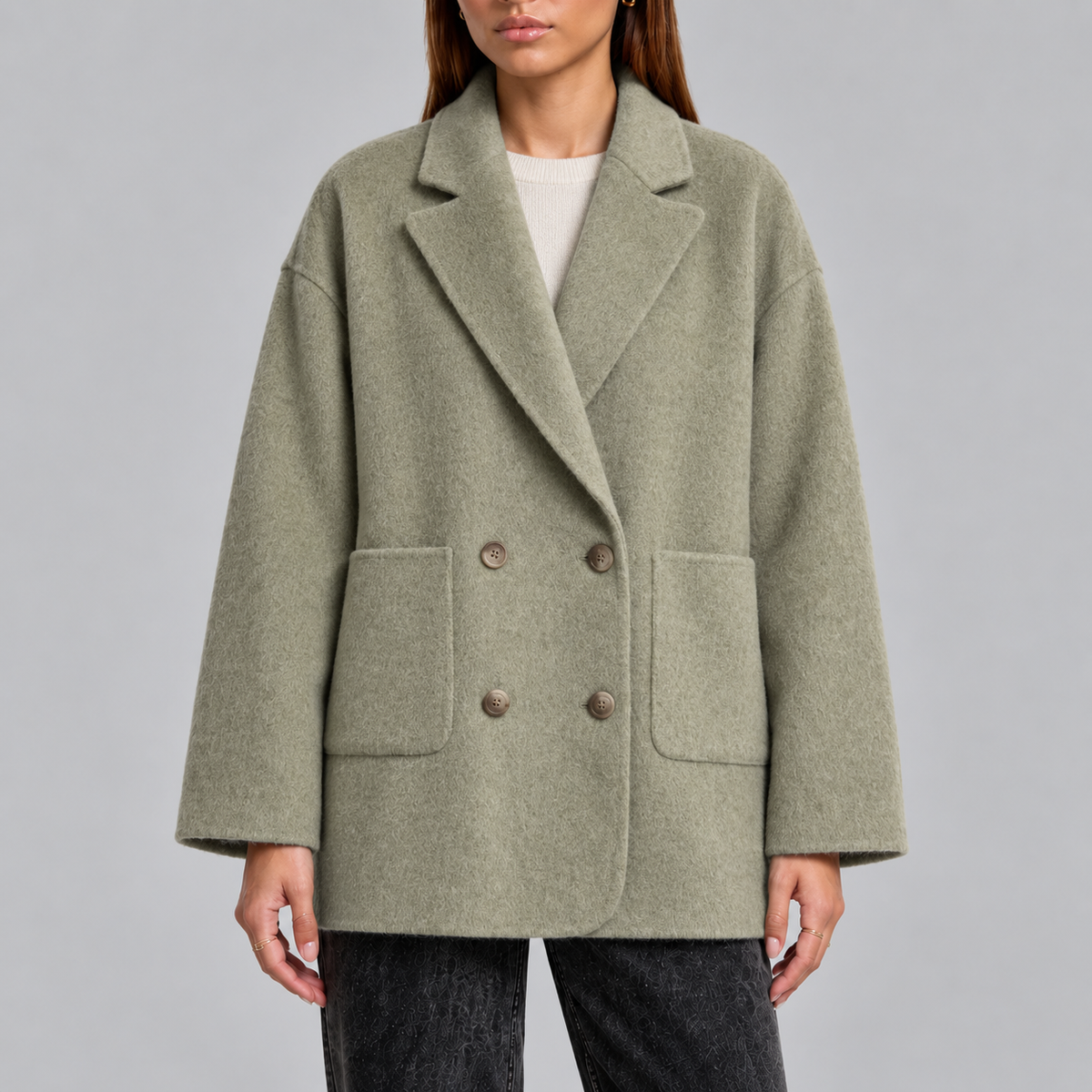 Women's Oversized Double-Breasted Wide Lapel Brushed Winter Coat