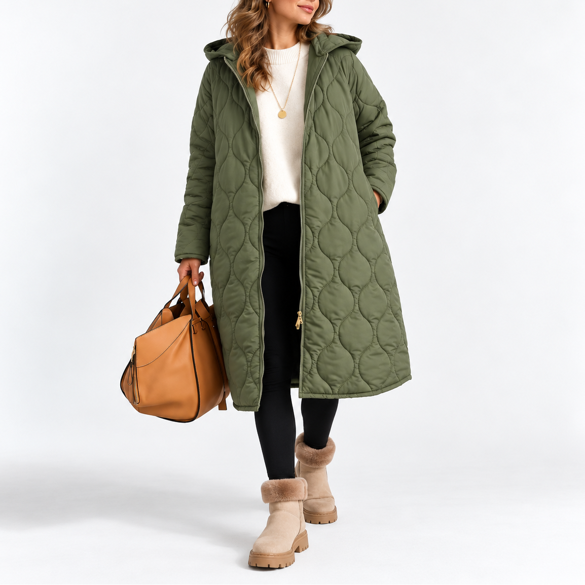 Women's Long Quilted Hooded Zip-Up Padded Winter Coat with Pockets
