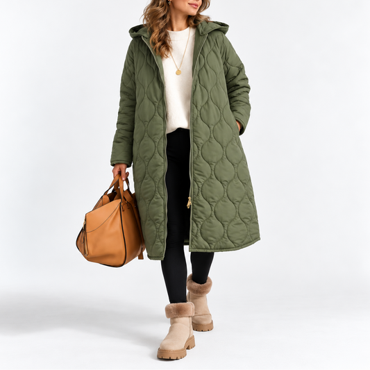 Women's Long Quilted Hooded Zip-Up Padded Winter Coat with Pockets