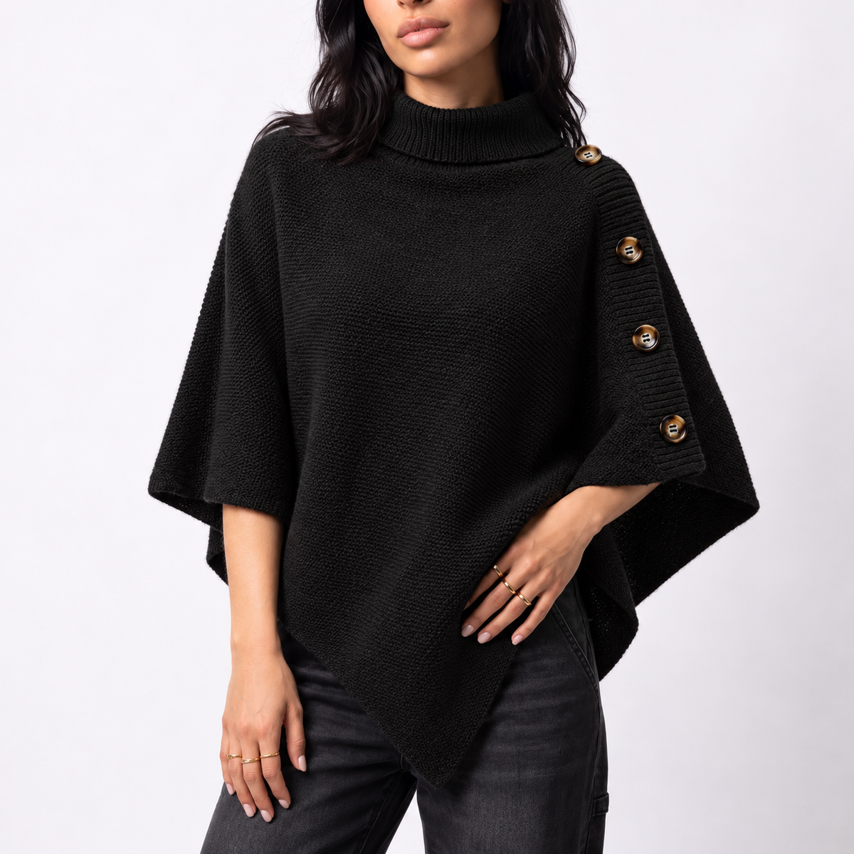 Women's Knitted Roll-Neck Button Detail Asymmetric Hem Winter Poncho