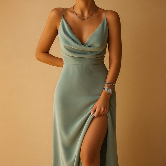 Women’s elegant maxi dress with flowing silhouette and V-neckline, perfect for weddings, galas, and formal occasions.
