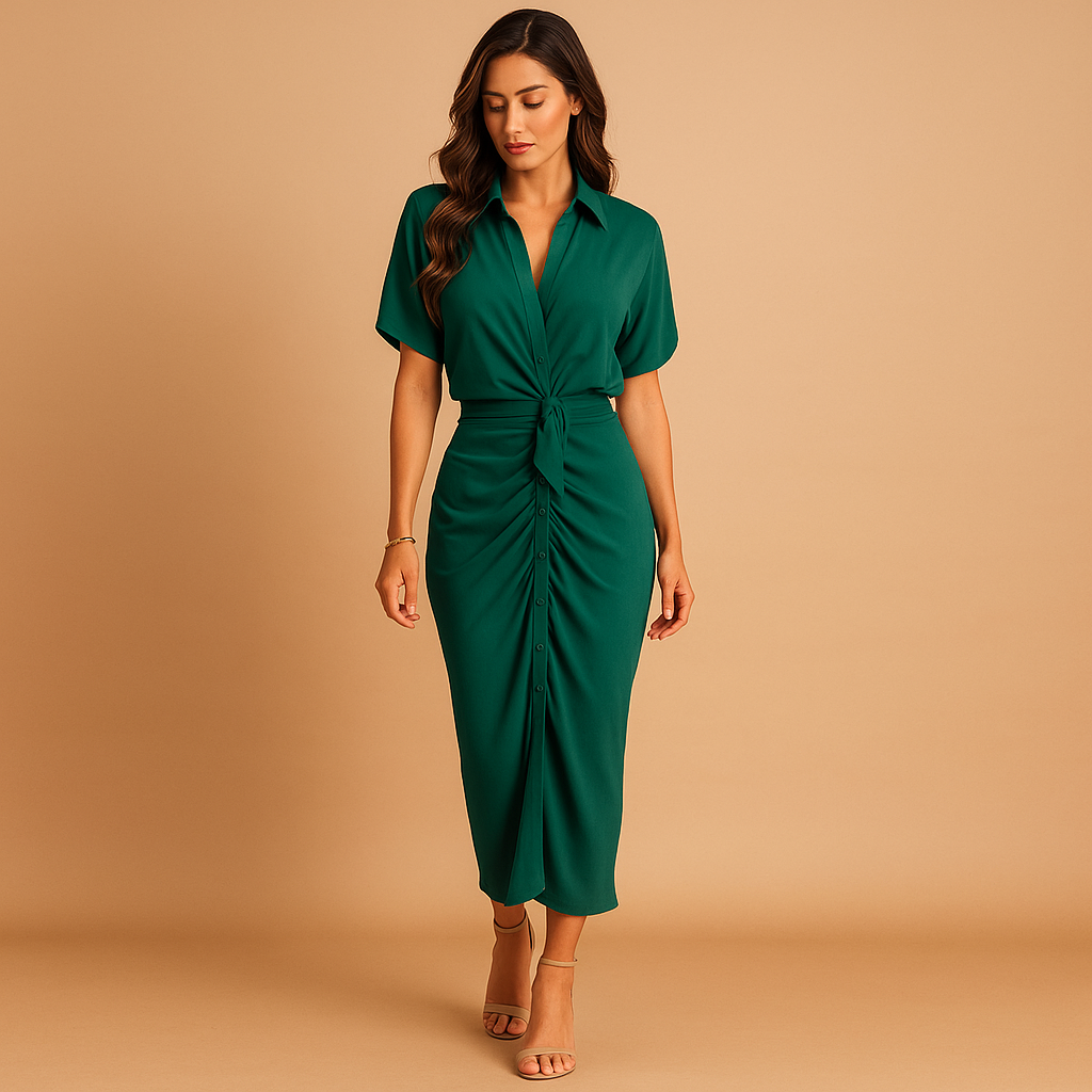 Elegant maxi evening dress for women with v-neckline, refined draping, and subtle ruching. Perfect for galas, formal parties, and special events.