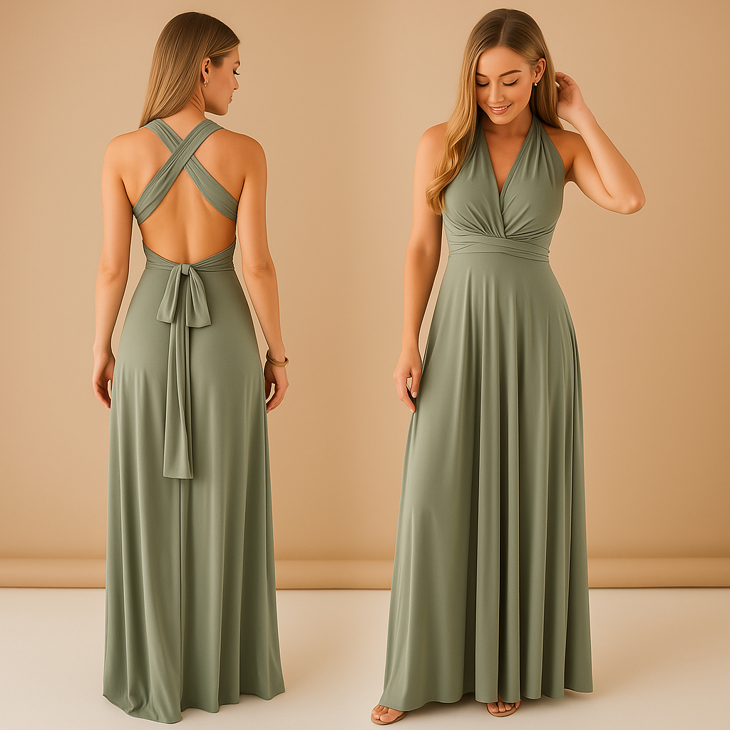 Elegant wrap dress for women named Isabella, with long adjustable straps and 20+ styling options, perfect for weddings, dinners, or special occasions.