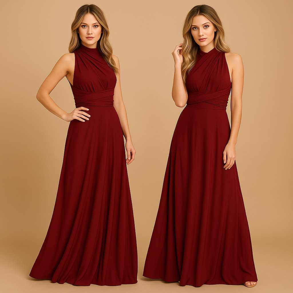 Elegant wrap dress for women named Isabella, with long adjustable straps and 20+ styling options, perfect for weddings, dinners, or special occasions.