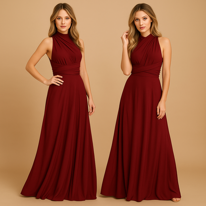 Elegant wrap dress for women named Isabella, with long adjustable straps and 20+ styling options, perfect for weddings, dinners, or special occasions.