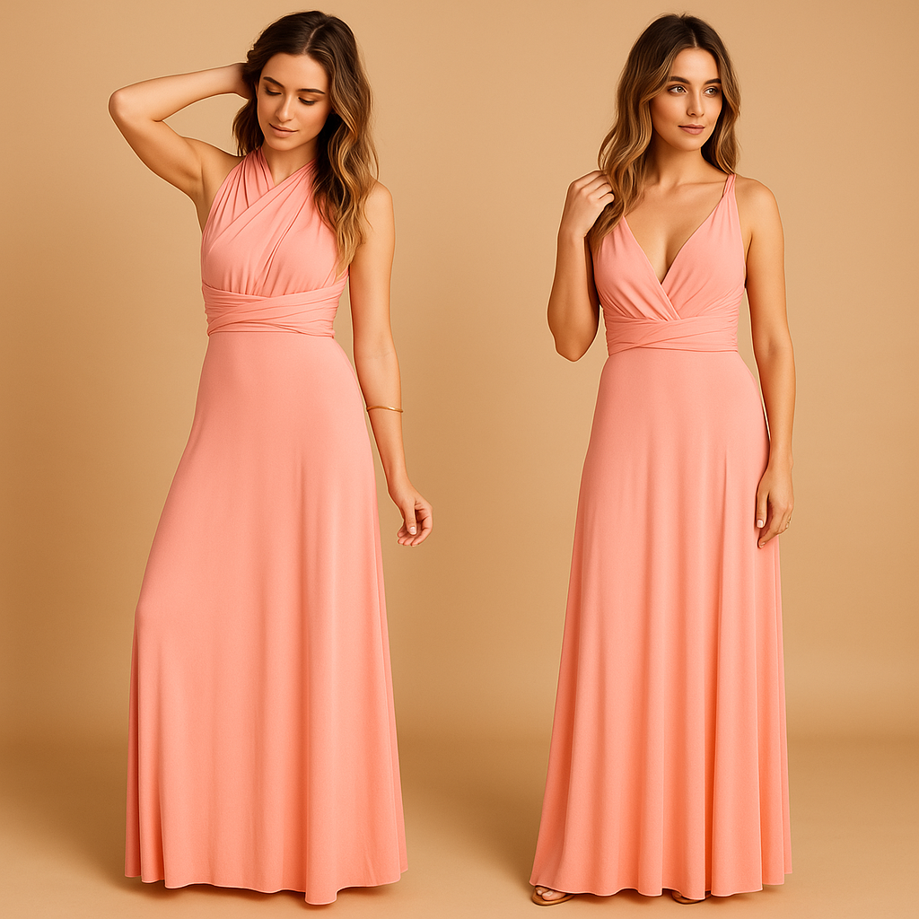 Elegant wrap dress for women named Isabella, with long adjustable straps and 20+ styling options, perfect for weddings, dinners, or special occasions.