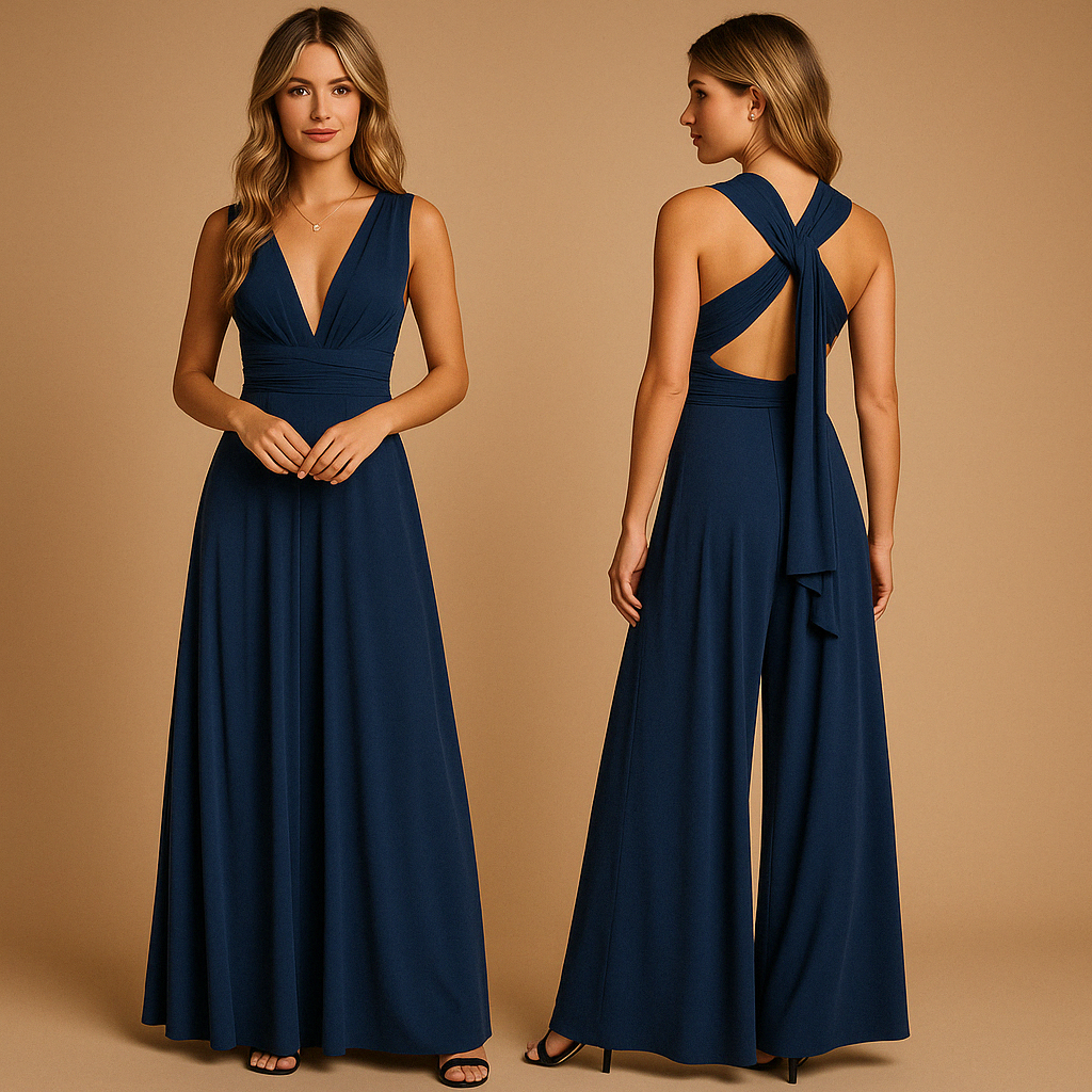 Elegant wrap dress for women named Isabella, with long adjustable straps and 20+ styling options, perfect for weddings, dinners, or special occasions.