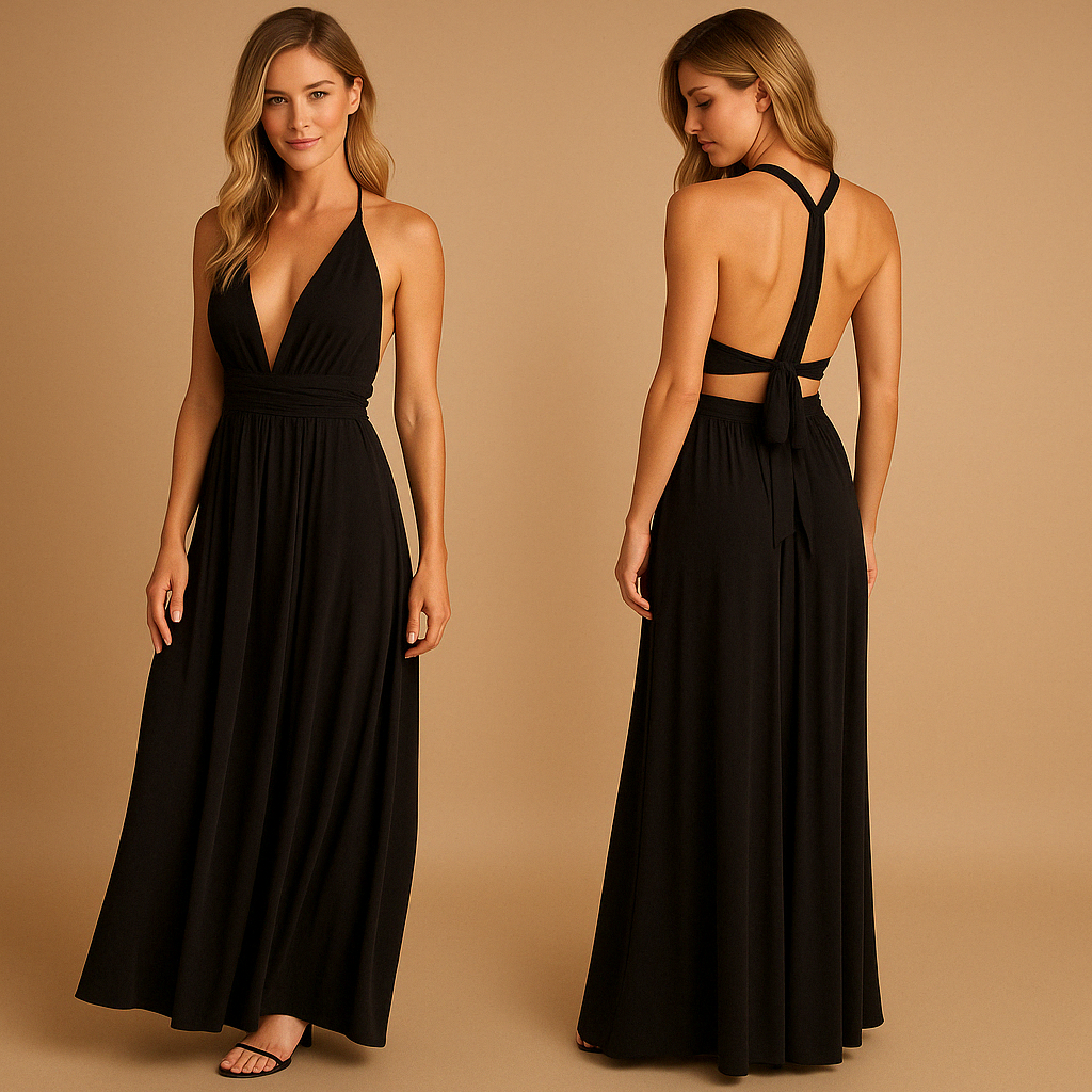 Elegant wrap dress for women named Isabella, with long adjustable straps and 20+ styling options, perfect for weddings, dinners, or special occasions.
