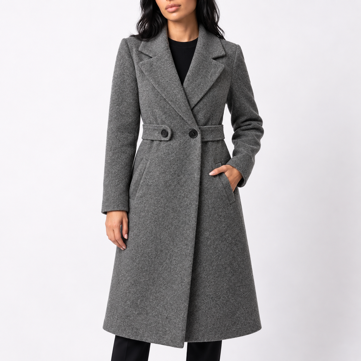 Women's Long Belted Wool Wide Lapel Winter Coat with Side Pockets