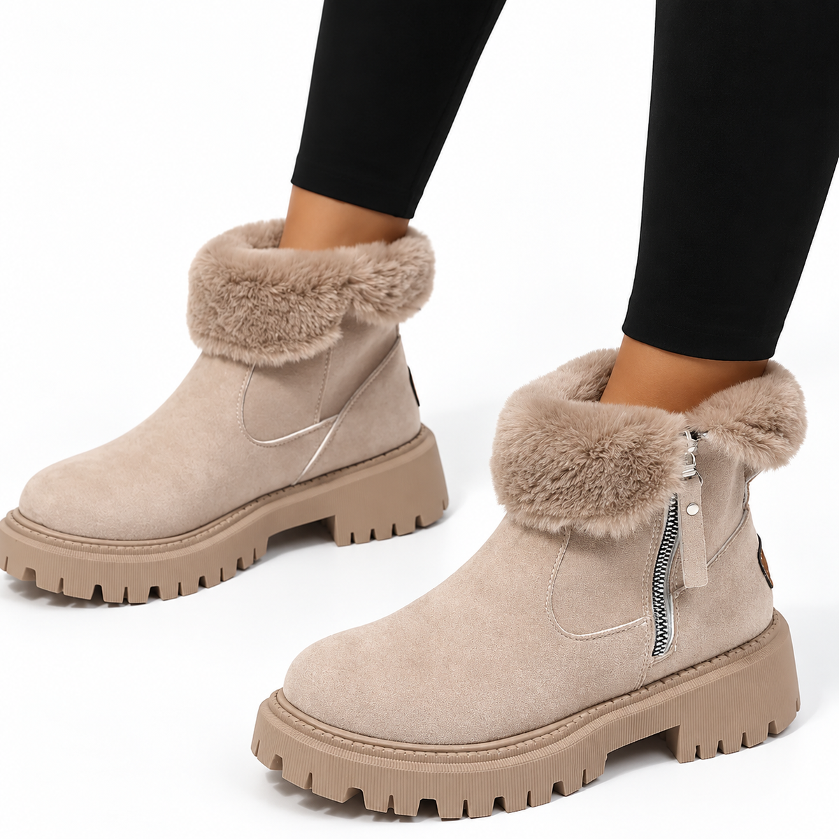 Women's Faux Suede Faux Fur Lined Side-Zip Lug Sole Winter Ankle Boots