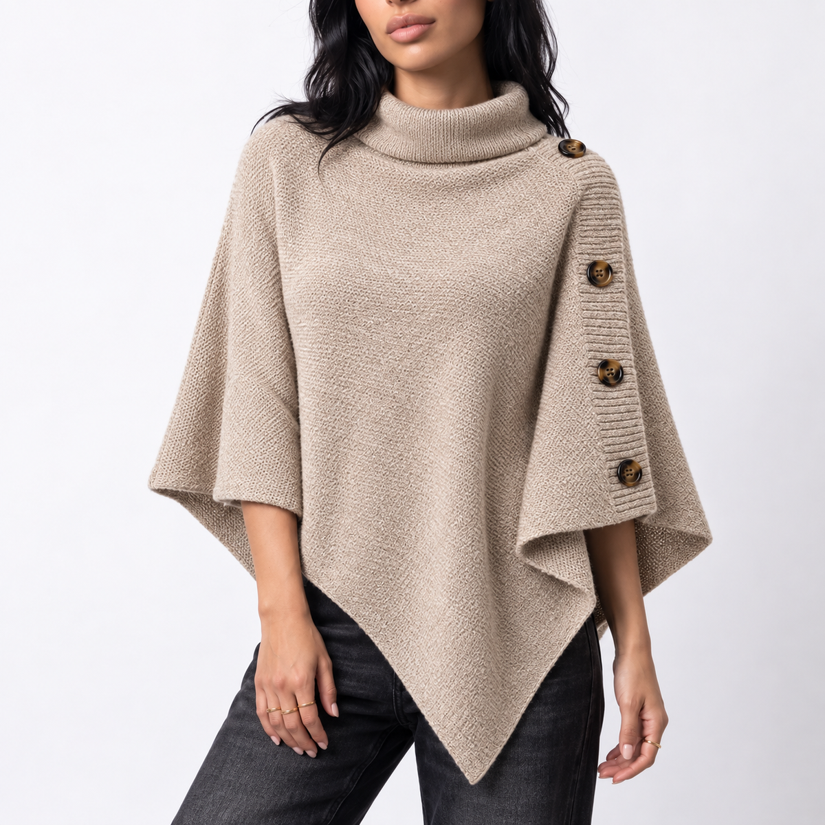Women's Knitted Roll-Neck Button Detail Asymmetric Hem Winter Poncho