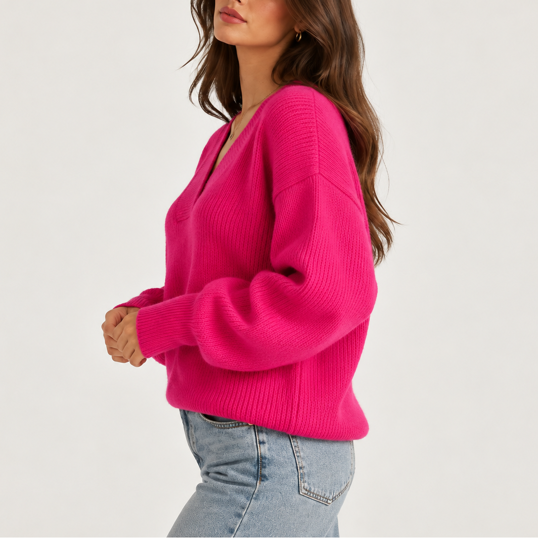 Women's Oversized Deep V-Neck Ribbed Trim Knitted Winter Jumper