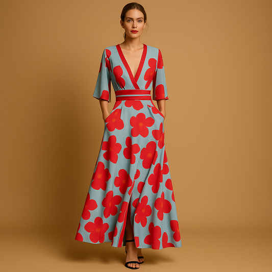 Floral maxi dress with v-neck for women featuring elbow-length sleeves, fitted waist, flowing skirt, and pockets. Ideal for summer outings, parties, or evenings.