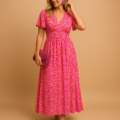 Floral maxi summer dress for women with V-neckline and flowy fit, perfect for casual summer outings or elegant evening occasions.