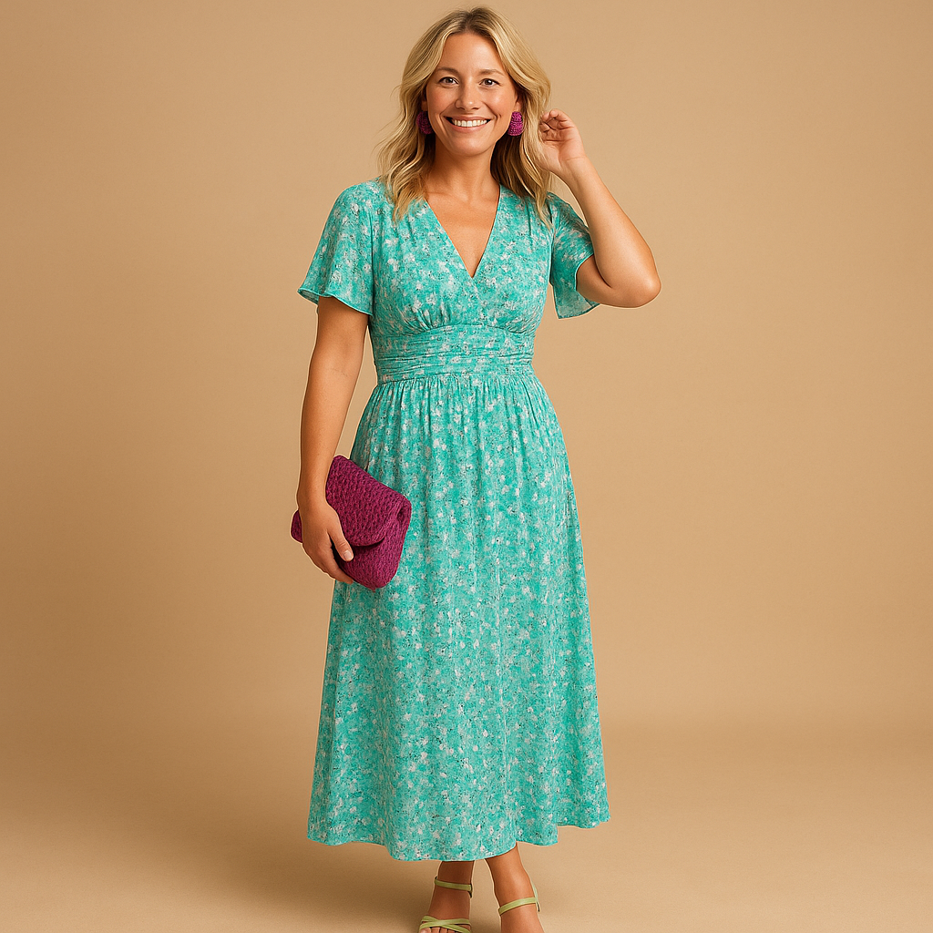 Floral maxi summer dress for women with V-neckline and flowy fit, perfect for casual summer outings or elegant evening occasions.