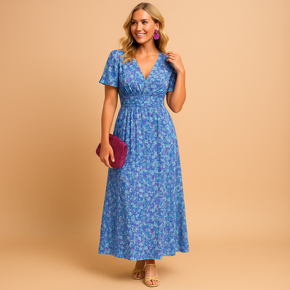 Floral maxi summer dress for women with V-neckline and flowy fit, perfect for casual summer outings or elegant evening occasions.