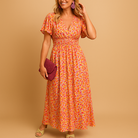 Floral maxi summer dress for women with V-neckline and flowy fit, perfect for casual summer outings or elegant evening occasions.