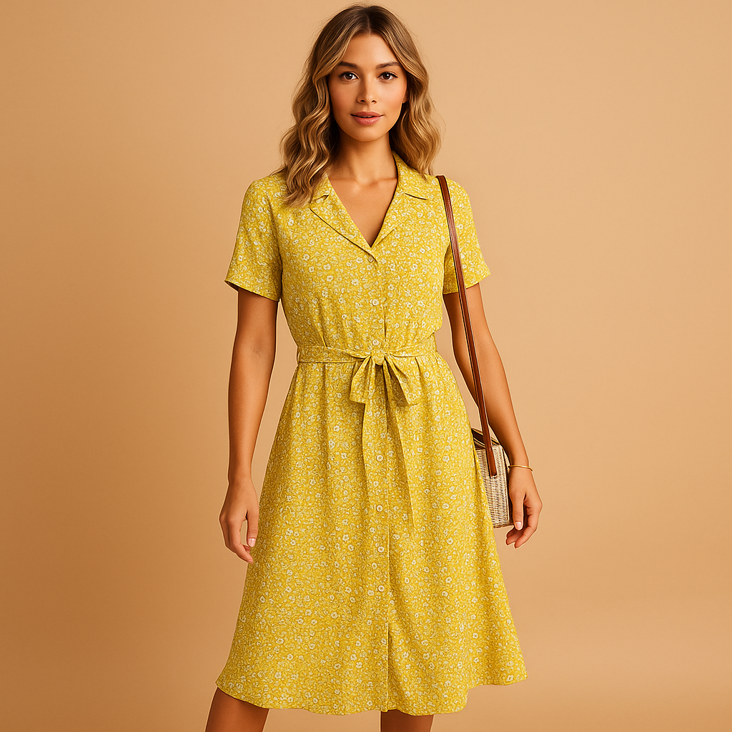 Floral print midi dress for women named Grace, with short sleeves and a flattering fit, perfect for summer parties, casual outings, or terrace days.