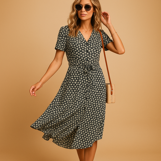 Floral print midi dress for women named Grace, with short sleeves and a flattering fit, perfect for summer parties, casual outings, or terrace days.