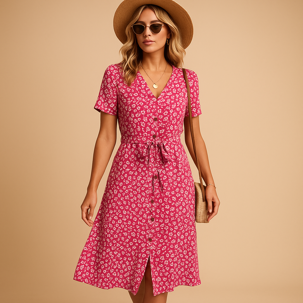 Floral print midi dress for women named Grace, with short sleeves and a flattering fit, perfect for summer parties, casual outings, or terrace days.