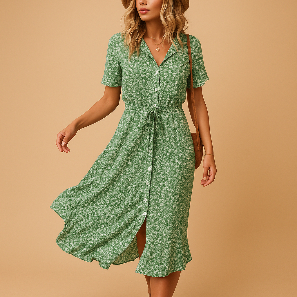 Floral print midi dress for women named Grace, with short sleeves and a flattering fit, perfect for summer parties, casual outings, or terrace days.