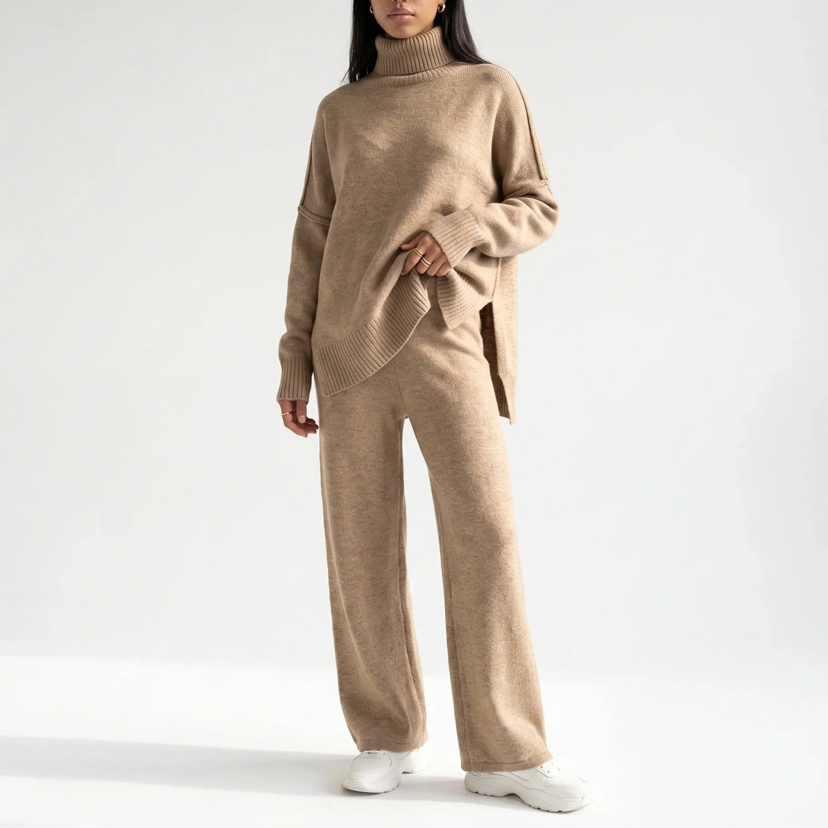 Women's Knitted Two-Piece Oversized Roll-Neck Wide-Leg Lounge Set