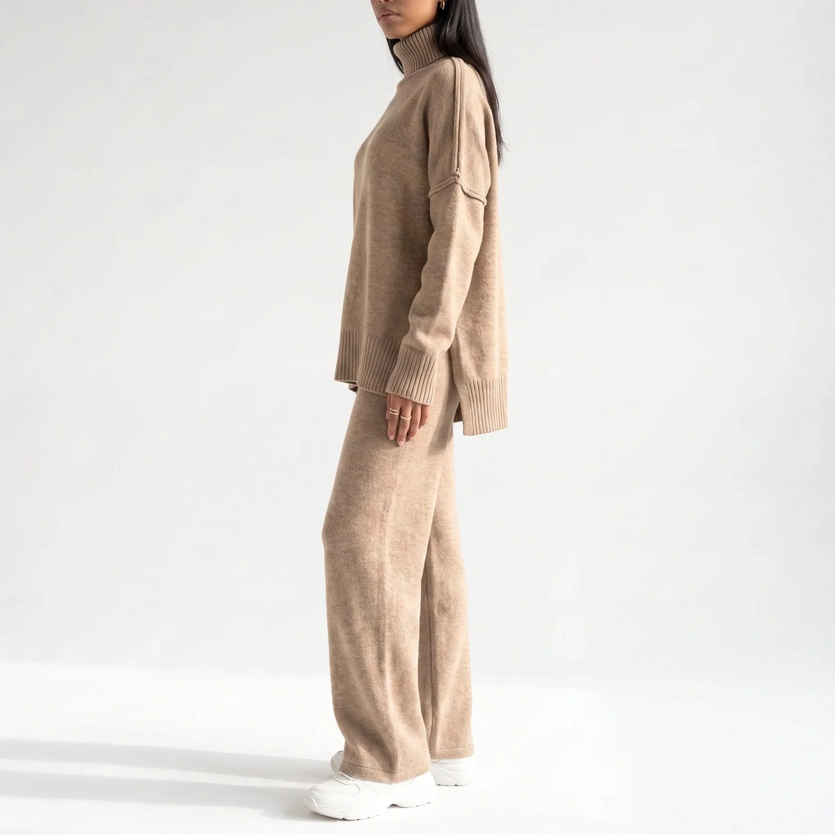 Women's Knitted Two-Piece Oversized Roll-Neck Wide-Leg Lounge Set
