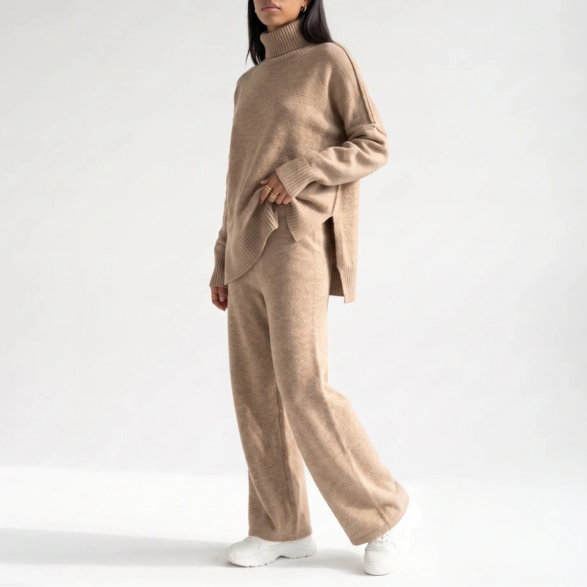 Women's Knitted Two-Piece Oversized Roll-Neck Wide-Leg Lounge Set