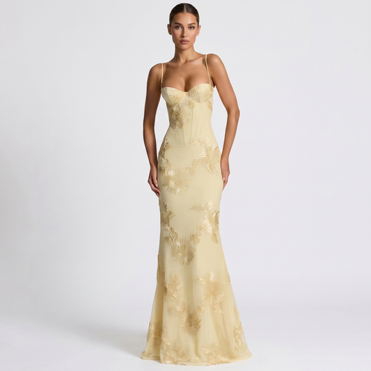 Women's Floral Lace Applique Corset Maxi Dress Spaghetti Strap Mermaid