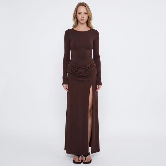 Women's Ruched Long Sleeve Maxi Dress with High Side Slit