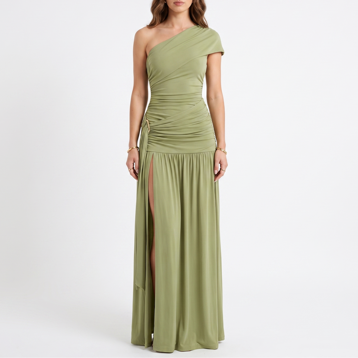 Women's One-Shoulder Ruched Maxi Dress with High Slit