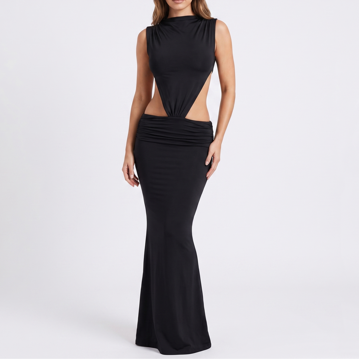 Women's Sleeveless High Neck Cutout Waist Bodycon Maxi Dress