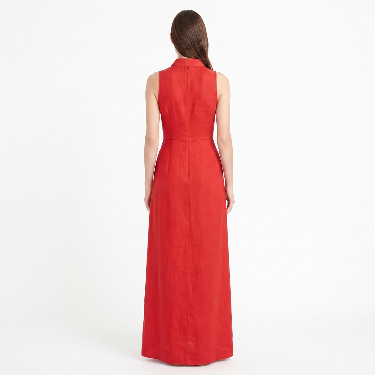 Women's Linen Maxi Dress Sleeveless Button Down Collared Pockets