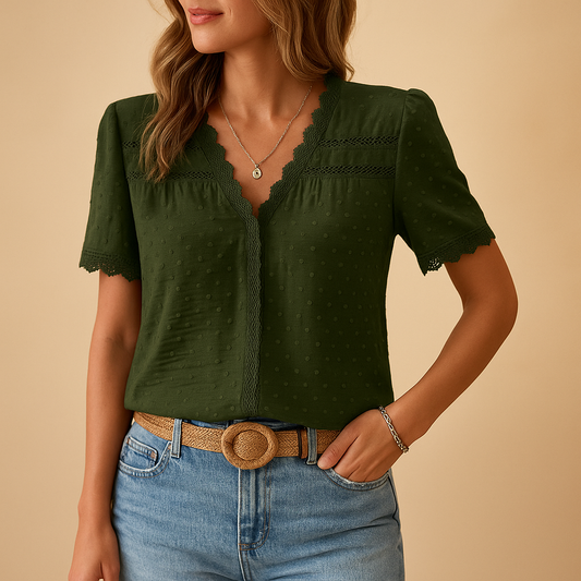 Women’s lace blouse with V-neck in beige, pink, green, and more, perfect for special occasions or a sophisticated office look.
